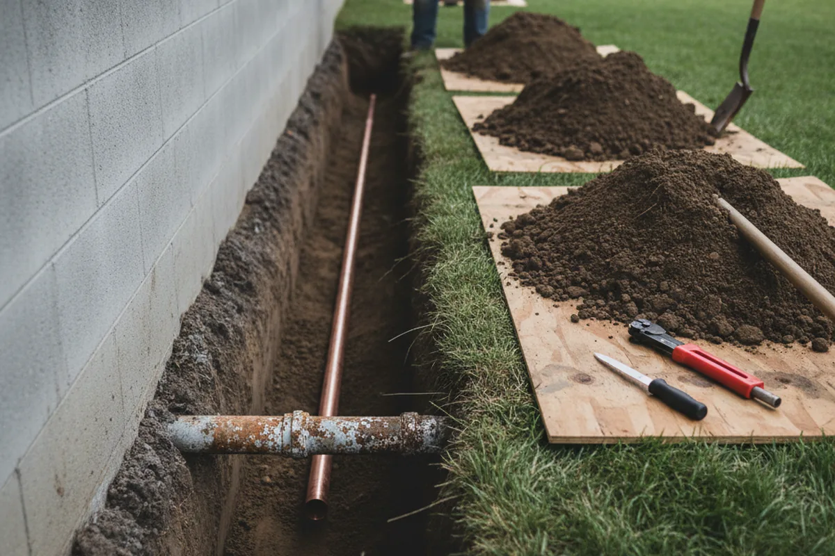 Excavated water line trench during Sewer Line Repair in Verona Beach